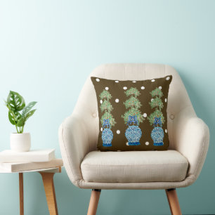 Brown Blue Chinoiserie Orange Topiary Kudde
