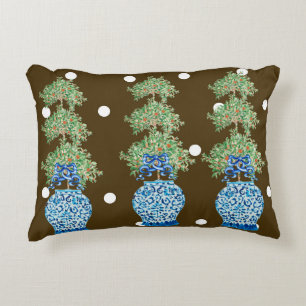 Brown Blue Chinoiserie Orange Topiary Prydnadskudde