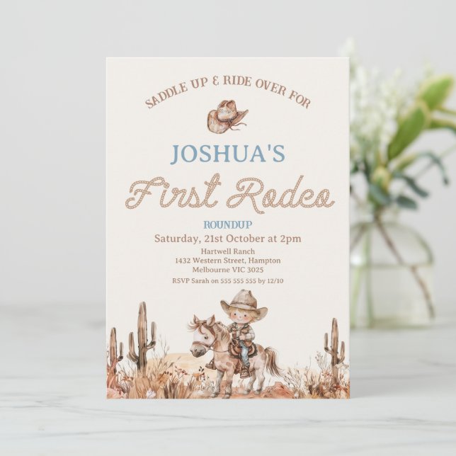 Brown Blue Cowbot First Rodeo 1st Birthday Inbjudningar (Stående Fram)