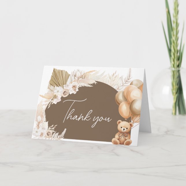Brown Boho Bear Balloon Baby Shower Tack Kort (Framsida)