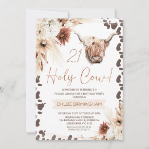 Brown Boho Blommigt Heliga Cow Highland 21:a födel Inbjudningar