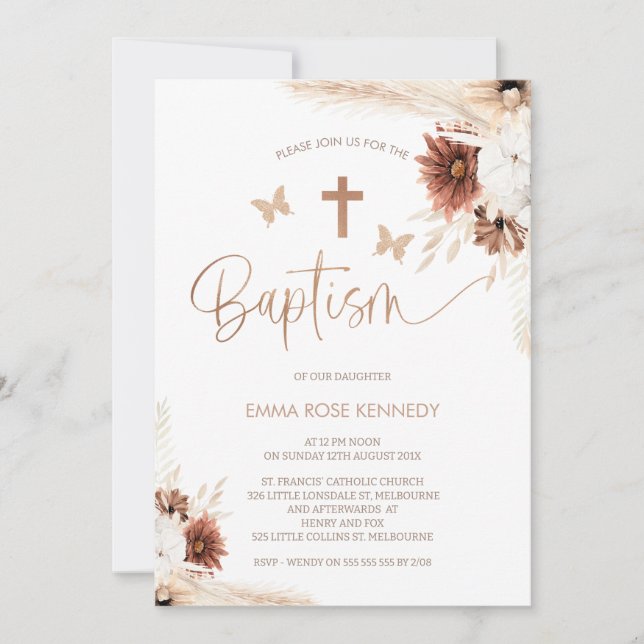 Brown Boho Blommigt och Butterflies Baptism Inbjudningar (Framsida)