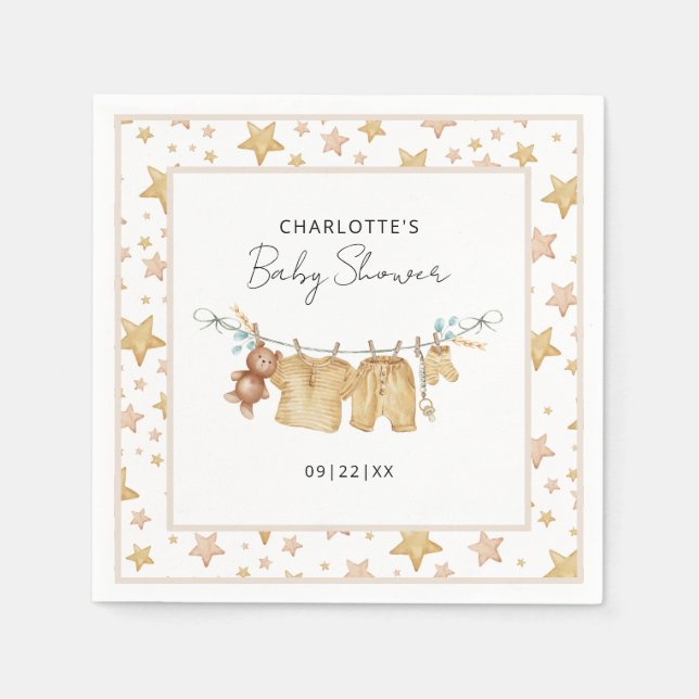 Brown Boho Clothesline Baby Shower Napkins Pappersservett (Framsidan)