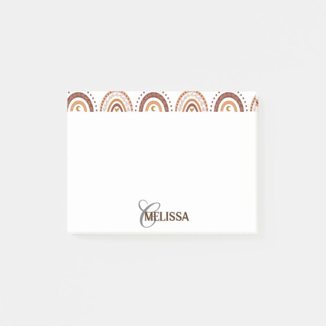 Brown Boho Rainbow Whimsical Mönster Monogram Namn Post-it Block (Framsida)