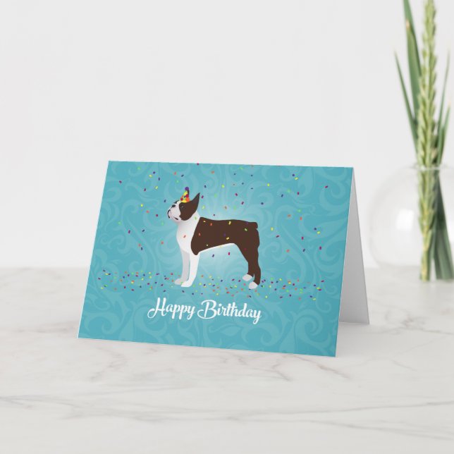 Brown Boston Terrier Birthday Design Kort (Framsida)