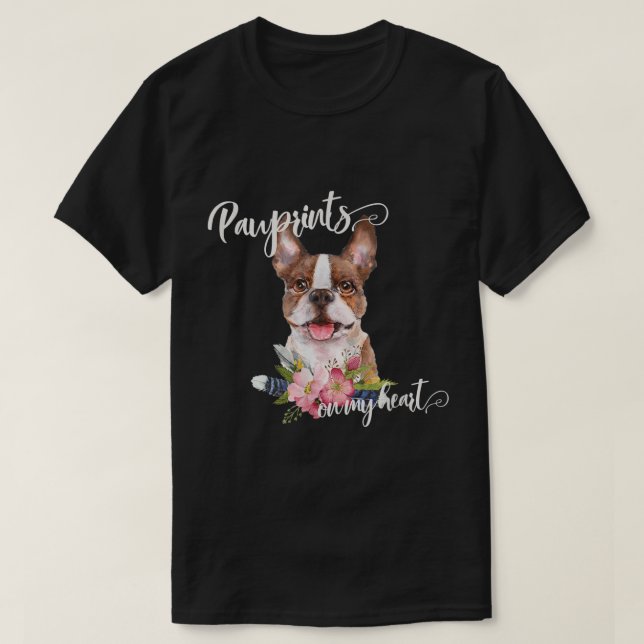 Brown Boston Terrier Gift With Flowers and Feather T Shirt (Design framsida)