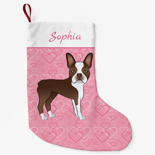 Brown Boston Terrier Hund på Rosa Hearts och Namn Liten Julstrumpa (Framsidan)