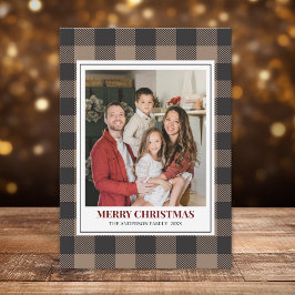 Brown Buffalo Plaid with Christmas Family Photo Julkort