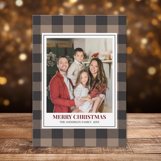 Brown Buffalo Plaid with Christmas Family Photo Julkort (Skapare uppladdad)
