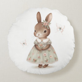 Brown Bunny i en Blommigt Dress Rund Kudde