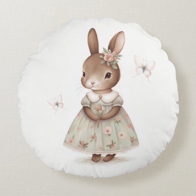 Brown Bunny i en Blommigt Dress Rund Kudde (Framsidan)