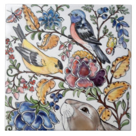 Brown Bunny Rabbit Bird Blommigt Top Ansikte L Kakelplatta