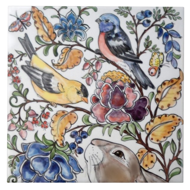 Brown Bunny Rabbit Bird Blommigt Top Ansikte L Kakelplatta (Framsidan)