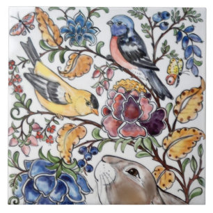 Brown Bunny Rabbit Bird Blommigt Top Ansikte R Kakelplatta
