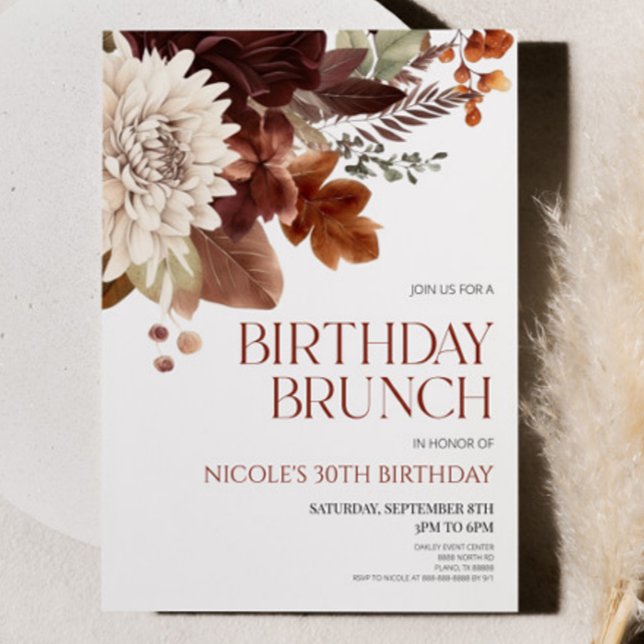 Brown Burgundy Blommigt Flower Birthday Brunch Par Inbjudningar (Skapare uppladdad)