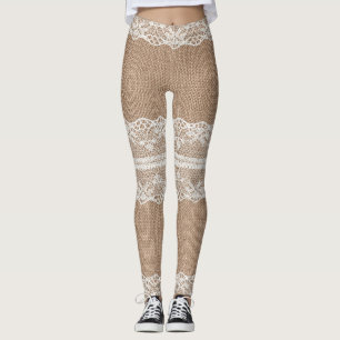 Brown Burlap Av-White Snöre Struktur Leggings