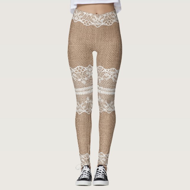 Brown Burlap Av-White Snöre Struktur Leggings (Framsida)