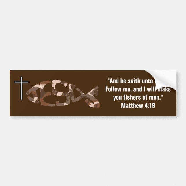 Brown Camo JESUS Fish Icon Bumper Sticker Bildekal (Framsidan)