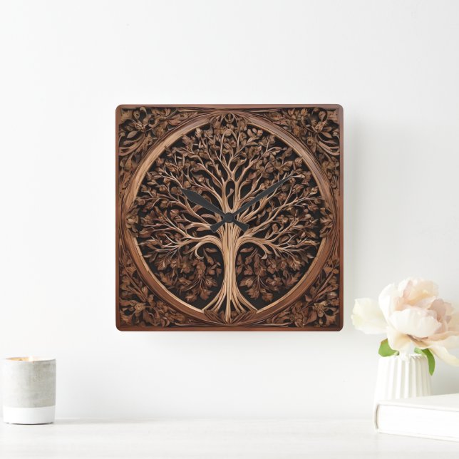 Brown Carved Australian Waratah Träd, Fyrkantig Klocka (Hem)