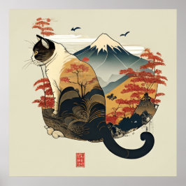 Brown Cat med Mount Fuji Poster