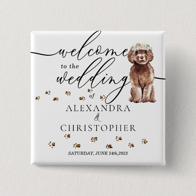 Brown Cavapoo Hund Välkommen till bröllop cutie Knapp (Framsida)