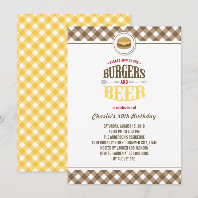 Brown Checks Burgers & Beer Sommarfödelsedagsfest Inbjudningar (Fram/baksida)
