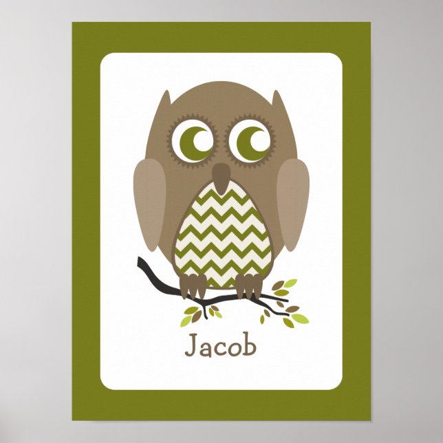 Brown Chevron Uggla Personlig Nursery Artwork Poster (Framsidan)