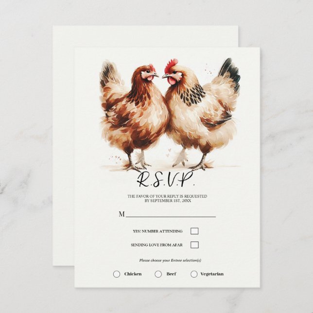 Brown Chickens Watercolor Rustic Bröllop Inbjudningar (Fram/baksida)