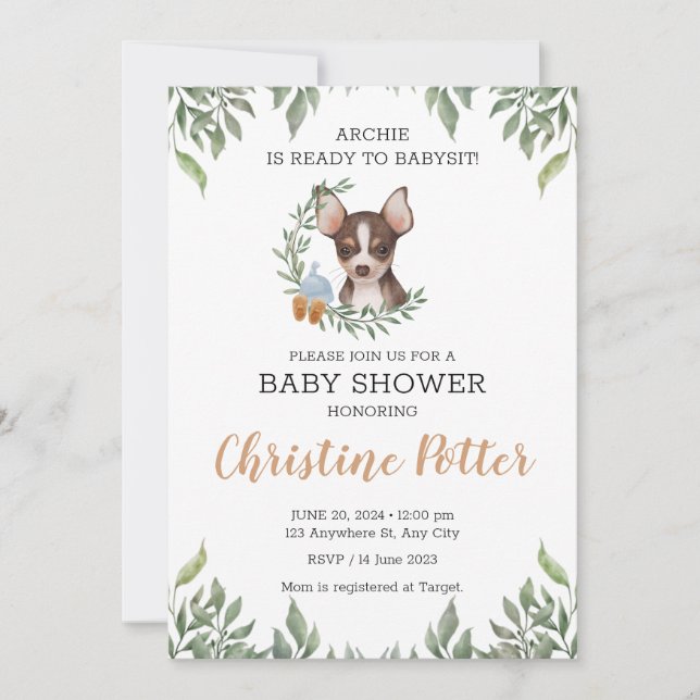 Brown Chihuahua Hund Boy Boho Greenery Baby Shower Inbjudningar (Framsida)
