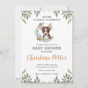 Brown Chihuahua Hund Boy Boho Greenery Baby Shower Inbjudningar