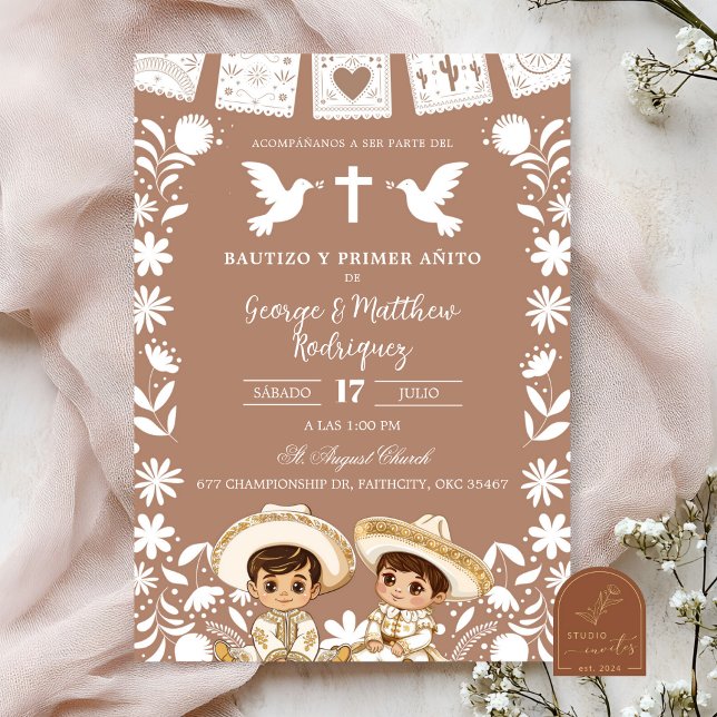 Brown Cielito Lindo Boy Twins Baptism and Birthday Inbjudningar (Skapare uppladdad)