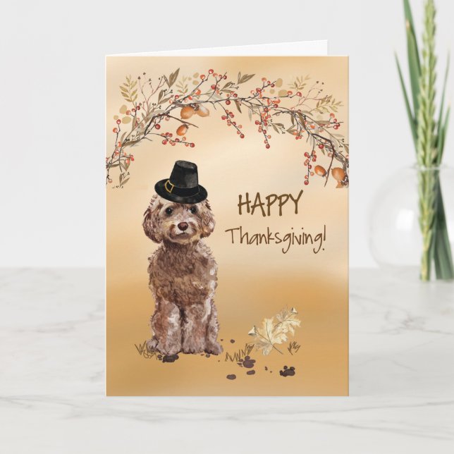 Brown Cockapoo Funny Pilgrim Hat Thanksgiving Kort (Framsida)