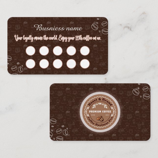 Brown Coffee Loyalty Card Minimal Design Lojalitetskort (Fram/baksida)