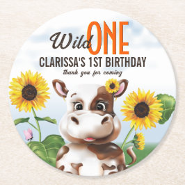 Brown Cow Sunblomma Girl First Birthday Underlägg Papper Rund