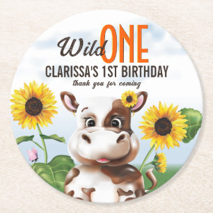 Brown Cow Sunblomma Girl First Birthday Underlägg Papper Rund