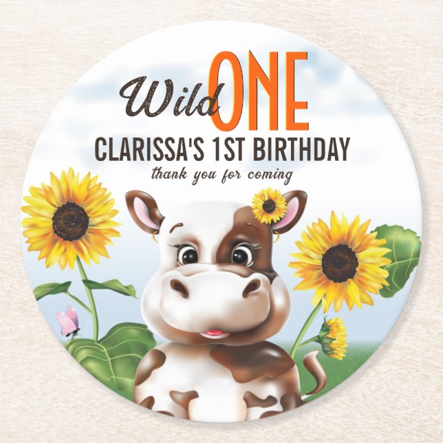 Brown Cow Sunblomma Girl First Birthday Underlägg Papper Rund (Framsidan)
