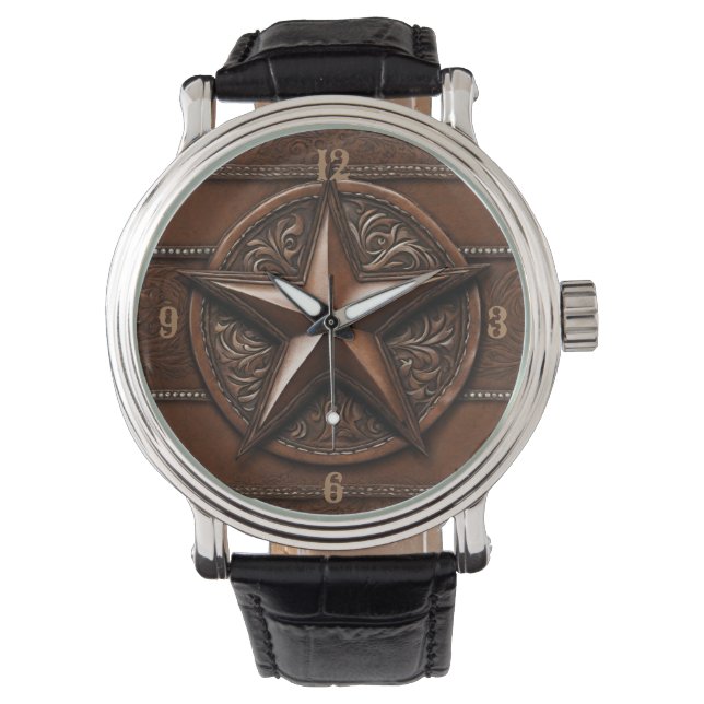Brown Cowboy Rustic Westernare Land Texas Star Armbandsur (Framsida)
