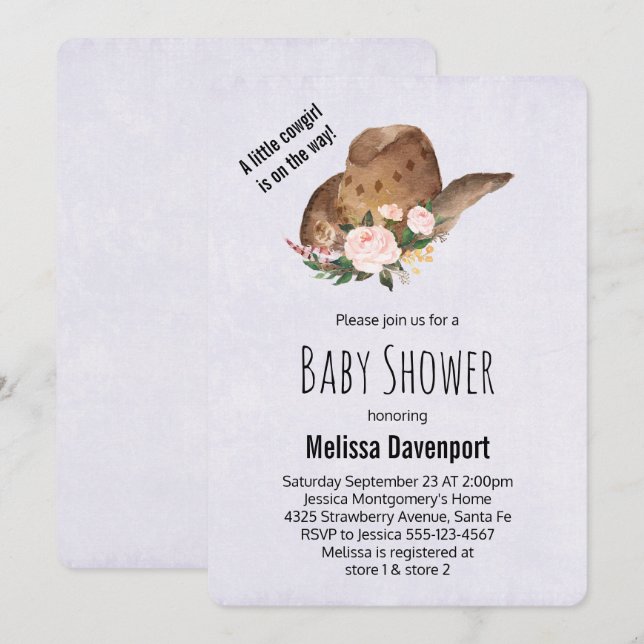 Brown Cowgirl Hat med Rosa Flowers Baby Shower Inbjudningar (Fram/baksida)