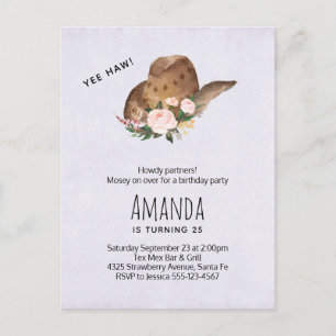 Brown Cowgirl Hat med Rosa Flowers Birthday Inbjudan Vykort