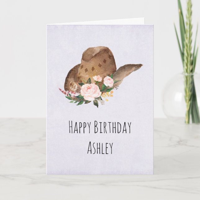 Brown Cowgirl Hat med Rosa Flowers Birthday Kort (Framsida)