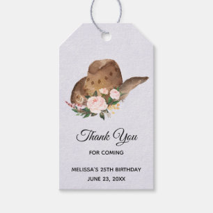 Brown Cowgirl Hat med Rosa Flowers Birthday Presentetikett
