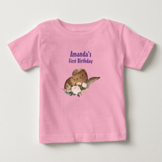 Brown Cowgirl Hat med Rosa Flowers Birthday T Shirt (Framsida)