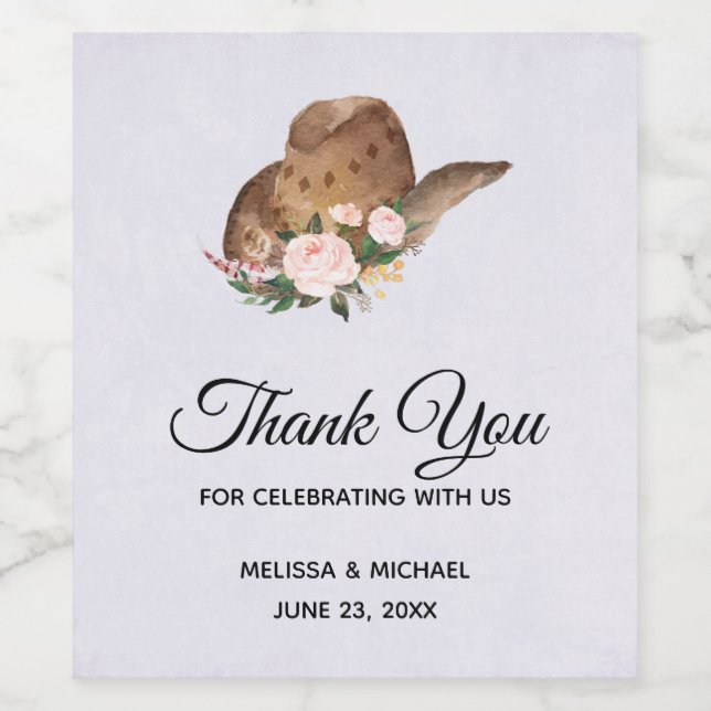 Brown Cowgirl Hat med Rosa Flowers Bröllop Vinflaska Etikett (Singel etikett)