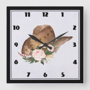 Brown Cowgirl Hat med Rosa Flowers Fyrkantig Klocka