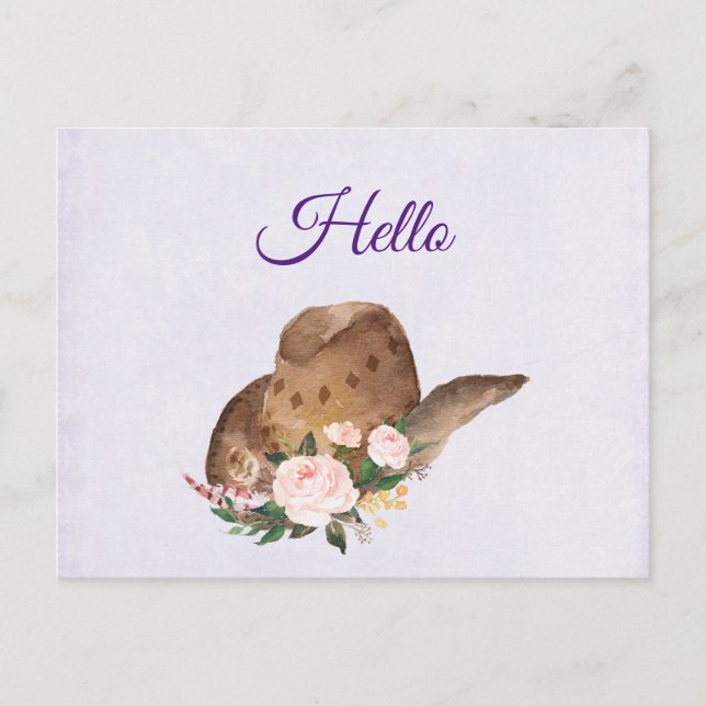 Brown Cowgirl Hat med Rosa Flowers Hej Vykort (Framsida)