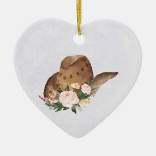 Brown Cowgirl Hat med Rosa Flowers Julgransprydnad Keramik
