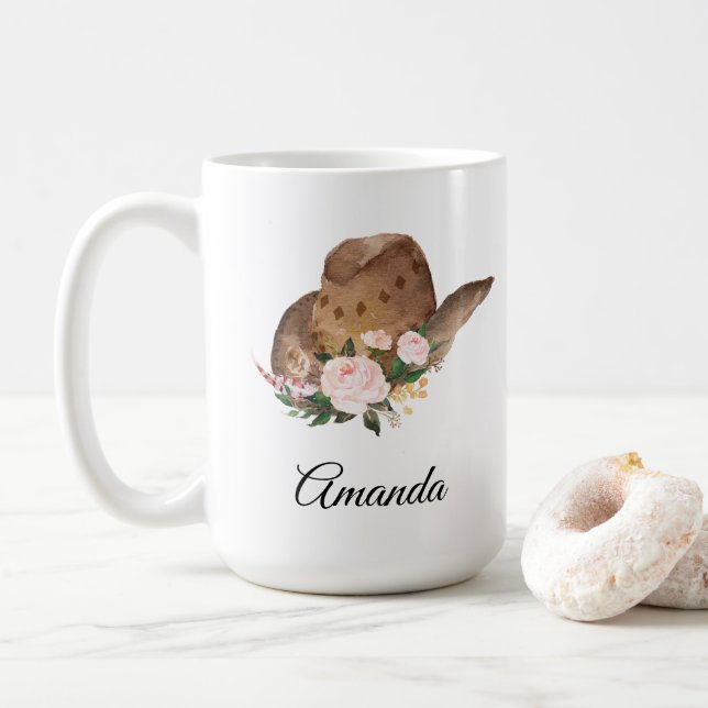 Brown Cowgirl Hat med Rosa Flowers Kaffemugg (Med munk)
