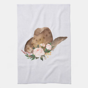 Brown Cowgirl Hat med Rosa Flowers Kökshandduk