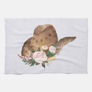Brown Cowgirl Hat med Rosa Flowers Kökshandduk