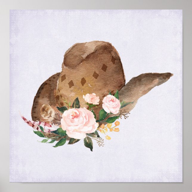 Brown Cowgirl Hat med Rosa Flowers Poster (Framsidan)